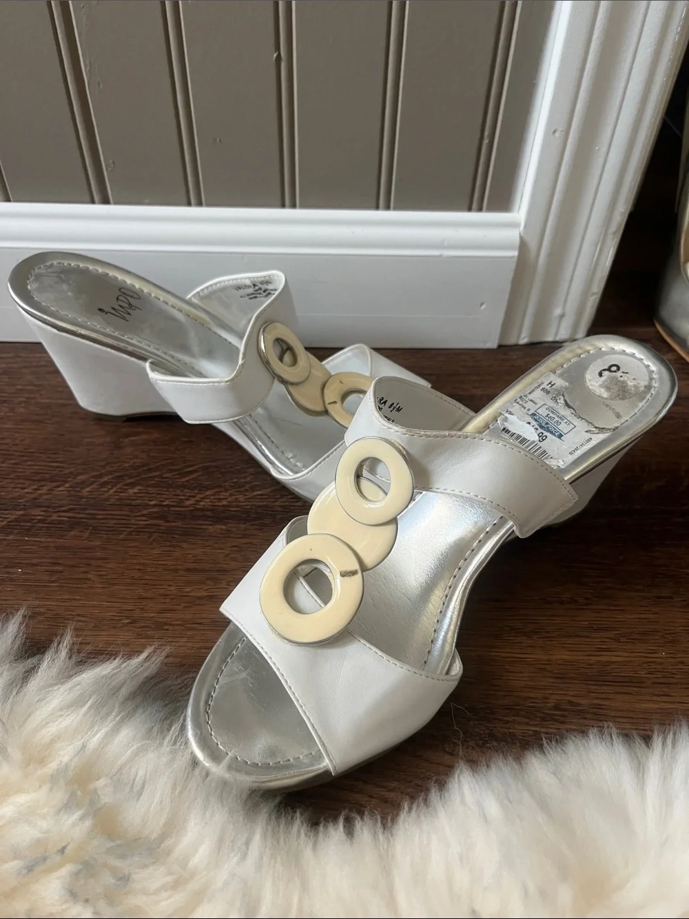 Impo White Slide Mules with Ivory Ring Detail